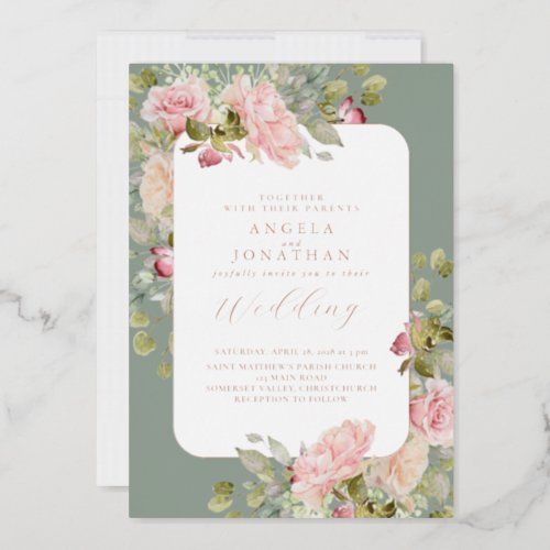 Rose Gold Olive Green Floral Wedding Foil Invitation