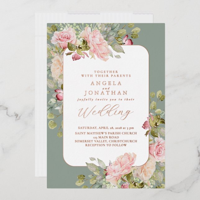 Rose Gold Olive Green Floral Wedding Foil Invitation (Envelope)
