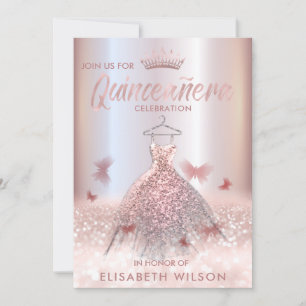 Rose gold ombre butterfly tiara Quinceañera Invit Invitation