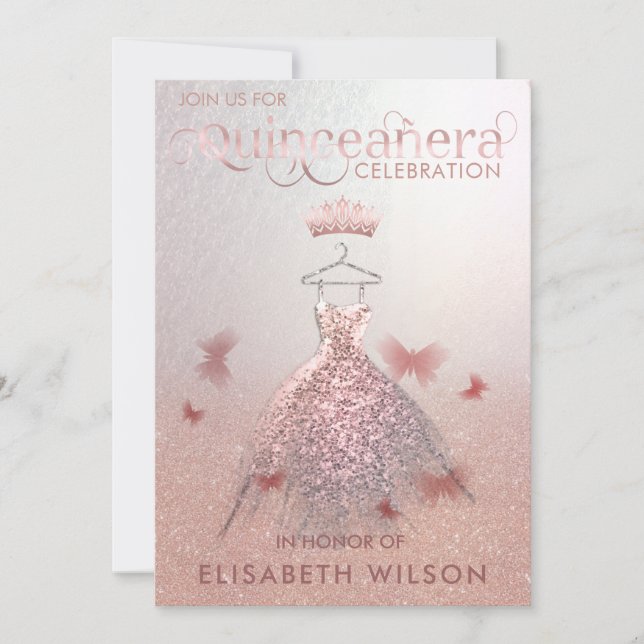 Rose gold ombre butterfly tiara Quinceañera  Invit Invitation (Front)