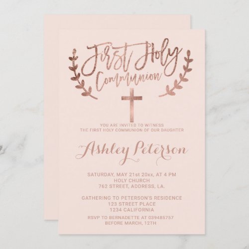 Rose gold ombre first holy communion invitation