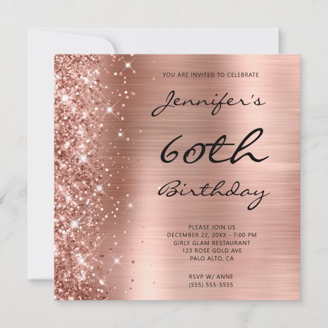 Rose Gold Ombre Foil Left Glitter 60th Birthday Invitation (Front)