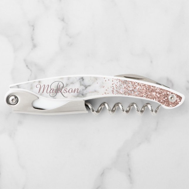 Rose Gold Ombre Glitter Marble Stone Monogram Waiter's Corkscrew (Front)