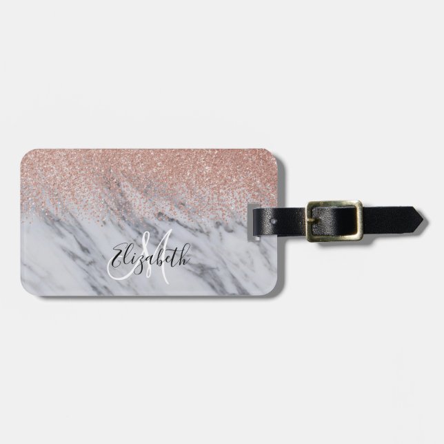 Rose Gold Ombre Glitter Monogram Marble Luggage Tag (Front Horizontal)