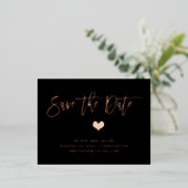 Rose Gold on Black with Heart | Save the Date Foil Invitation Postcard (Standing Front)