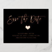 Rose Gold on Black with Heart | Save the Date Foil Invitation Postcard (Front)