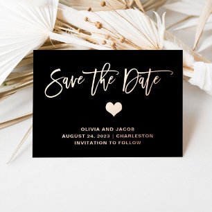 Rose Gold on Black with Heart   Save the Date Foil Invitation Postcard