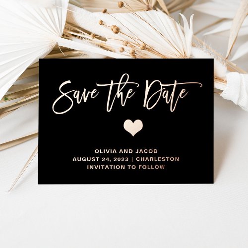 Rose Gold on Black with Heart  Save the Date Foil Invitation Postcard