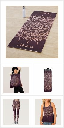 Rose Gold on Burgundy Floral Henna Mandala Yoga