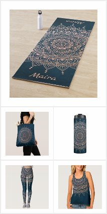 Rose Gold on Teal Floral Henna Mandala Yoga