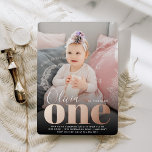 Rose Gold ONE First Birthday Party Photo Foil Invitation<br><div class="desc">Elegant and cheerful photo invitations for your little one's first birthday feature a full vertical or portrait oriented photo with "[name] is turning one" overlaid at the bottom in a chic combo of handwritten script and block typography. Personalize with your party details beneath. "One" appears in rich rose gold foil...</div>