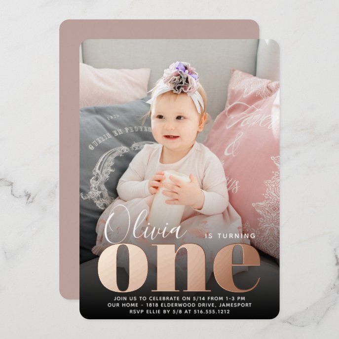 Rose Gold ONE First Birthday Party Photo Foil Invitation