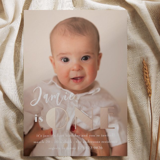 Rose Gold ONE First Birthday Photo Foil Invitation (Creator Uploaded)