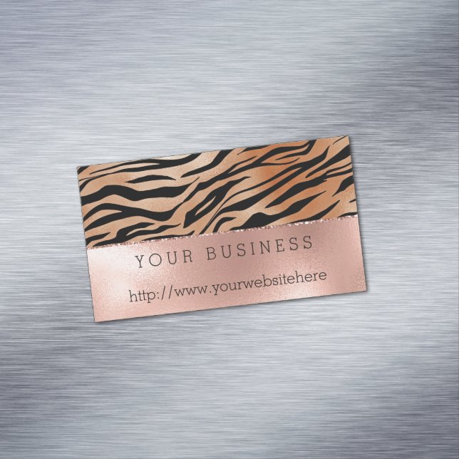 Rose Gold Orange Black Tiger Print Business Card Magnet (In Situ)