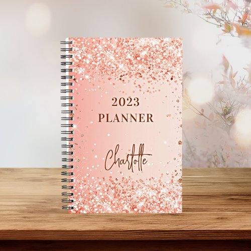 Rose gold orange glitter name script 2024 planner