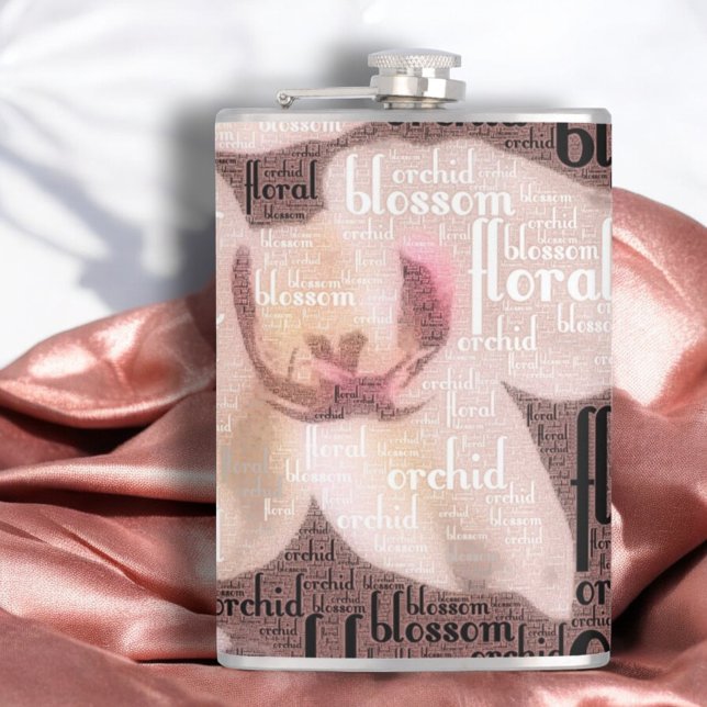 Rose Gold Orchid Floral Blossom Collage Flask (8 oz flask front word cloud orchid design)