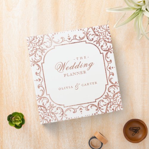 Rose gold ornate romantic vintage wedding planner 3 ring binder