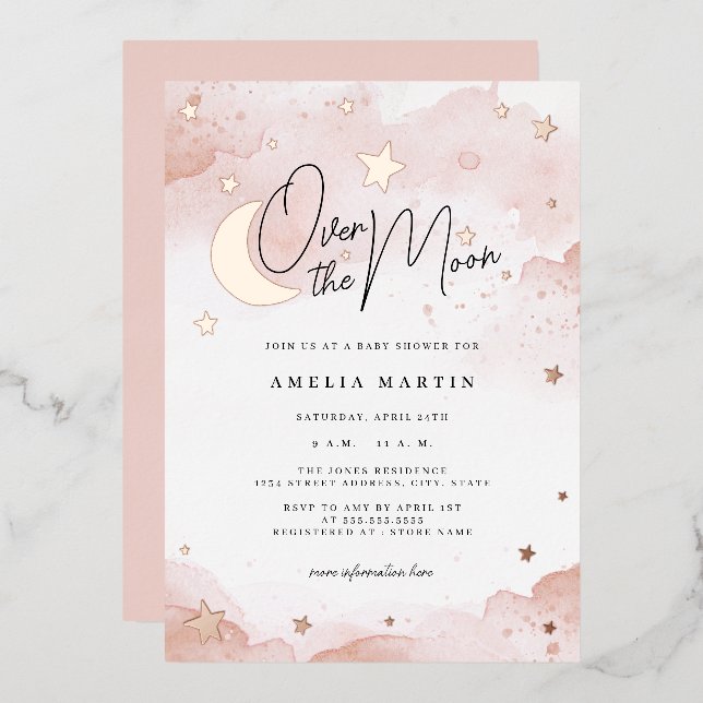 Rose Gold Over the Moon Baby Shower Foil Invitation (Front/Back)
