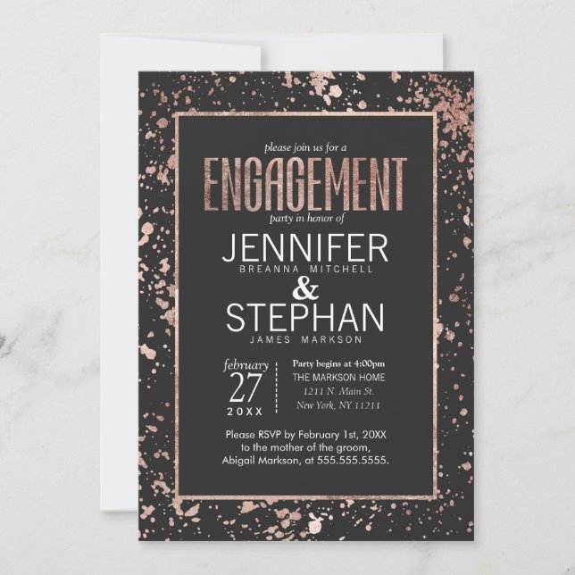 Rose Gold Paint Splatters Engagement Party Invites (Front)