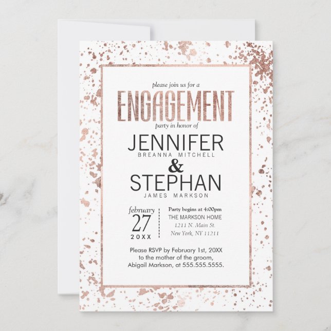 Rose Gold Paint Splatters Engagement Party Invites (Front)