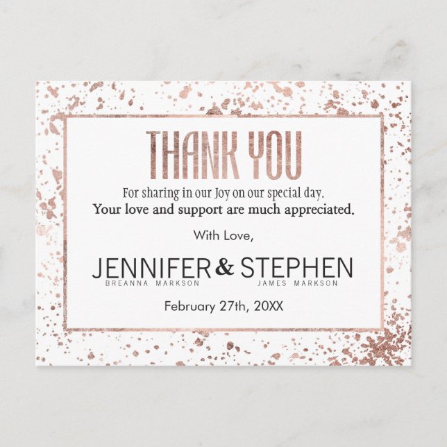 Rose Gold Paint Splatters Thank You Postcards (Front)