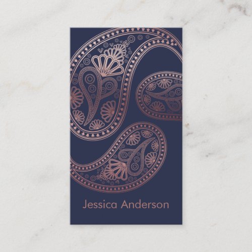 Rose Gold Paisley Trio Pattern on Midnight Blue Business Card