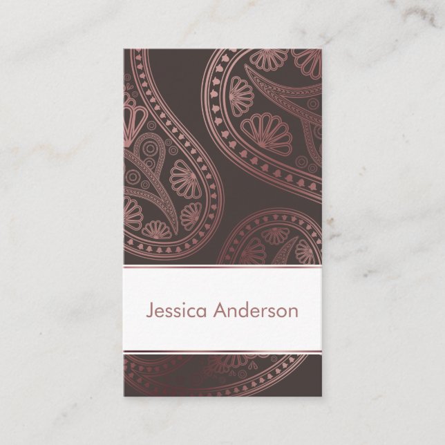 Rose Gold Paisley Trio Patterns on Editable Brown Business Card (Front)