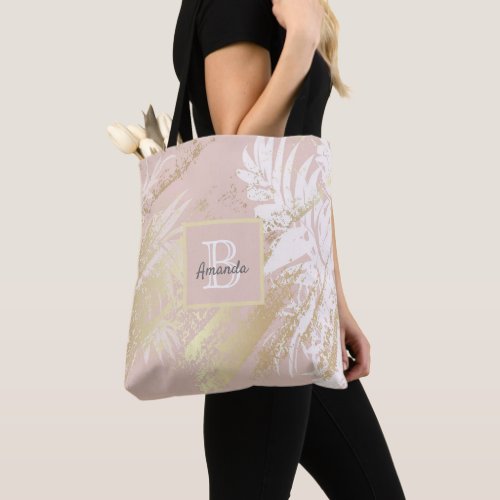 Rose gold palm foliage gold modern abstract tote bag