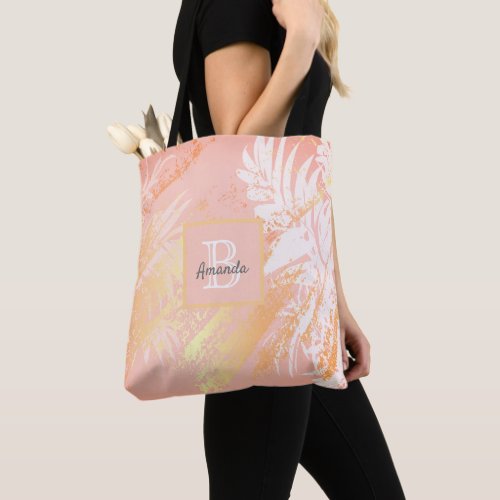 Rose gold palm foliage monogram tote bag