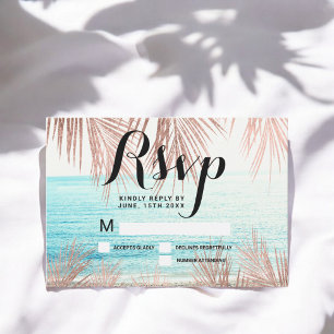 Rose gold palm tree beach photo RSVP wedding Invitation