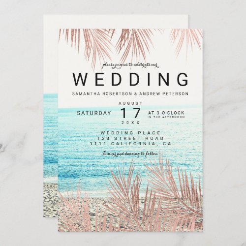 Rose gold palm tree elegant beach photo wedding invitation