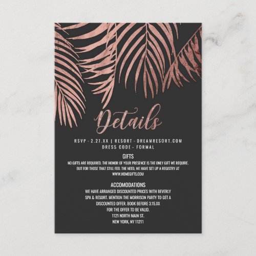 Rose Gold Palm Tree Fronds Black Modern Details Enclosure Card