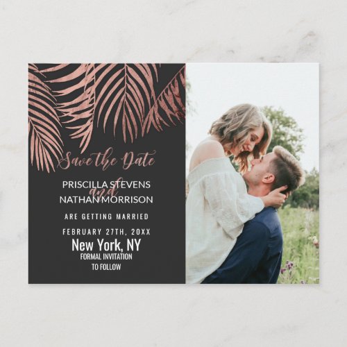 Rose Gold Palm Tree Fronds Black Modern Save Date Postcard