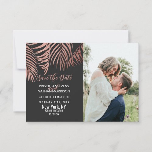 Rose Gold Palm Tree Fronds Black Modern Save The Date