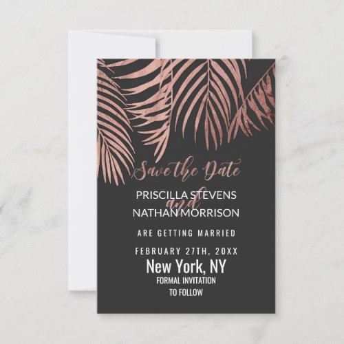 Rose Gold Palm Tree Fronds Black Modern Save The Date