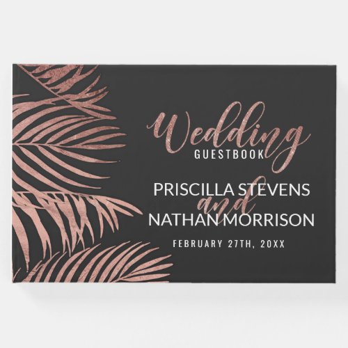 Rose Gold Palm Tree Fronds Black Modern Wedding Guest Book