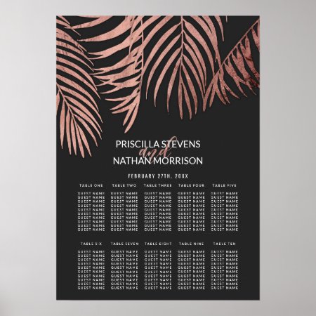 Rose Gold Palm Tree Fronds Black Seating Chart