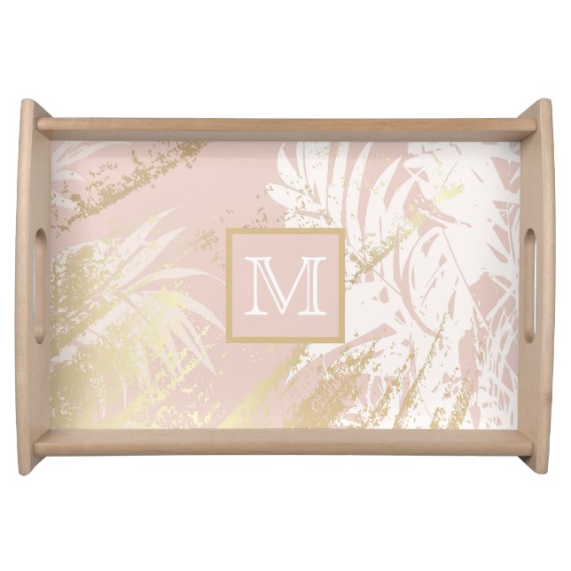 Rose gold palm tree leaves foliage monogram serving tray (Front)