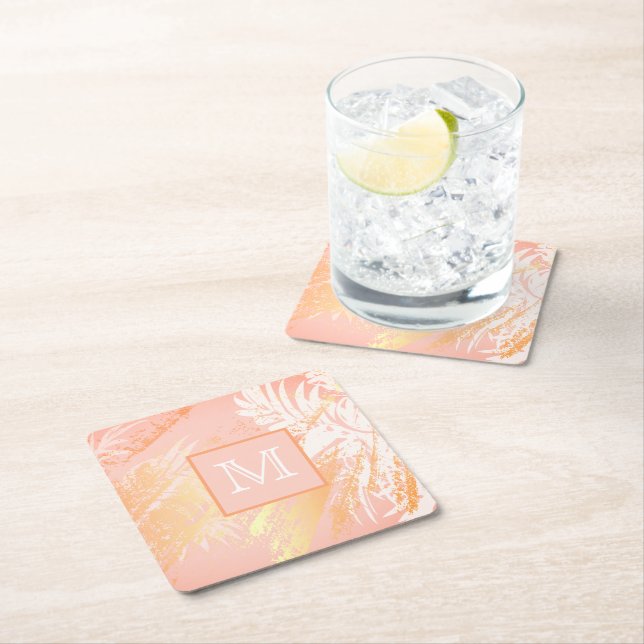 Rose gold palm tree leaves monogram square paper coaster (Insitu)