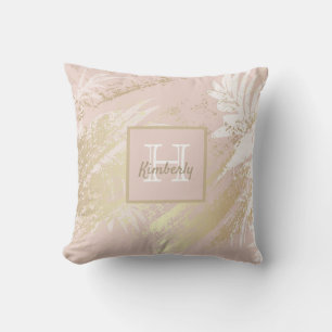 Rose gold palm tree leaves white monogram outdoor pillow