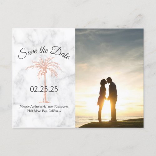 Rose Gold Palm Tree Marble Wedding Save Date Photo Announcement Postcard
