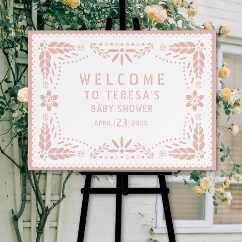 Rose gold papel picado baby shower welcome sign