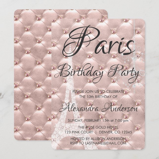 Rose Gold Paris Blush Pink Birthday Party Invitation (Front/Back)
