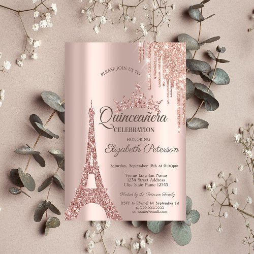 Rose Gold Paris Eiffel TowerDrips Quinceaera Invitation