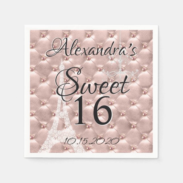 Rose Gold Paris Sweet Sixteen Birthday Party Paper Napkins (Front)