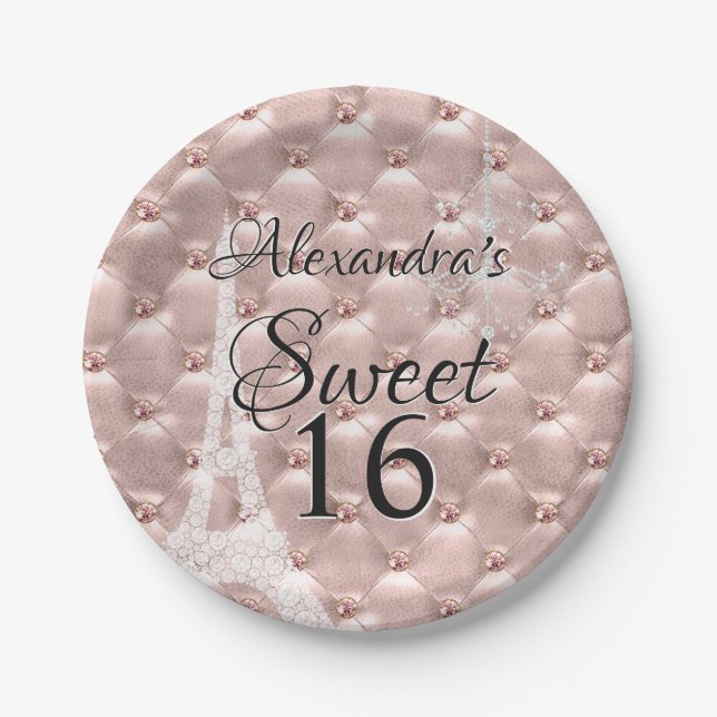 Rose Gold Paris Sweet Sixteen Birthday Party Paper Plates (Front)