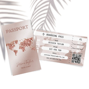 Rose Gold Passport World Map Boarding Pass Business Card