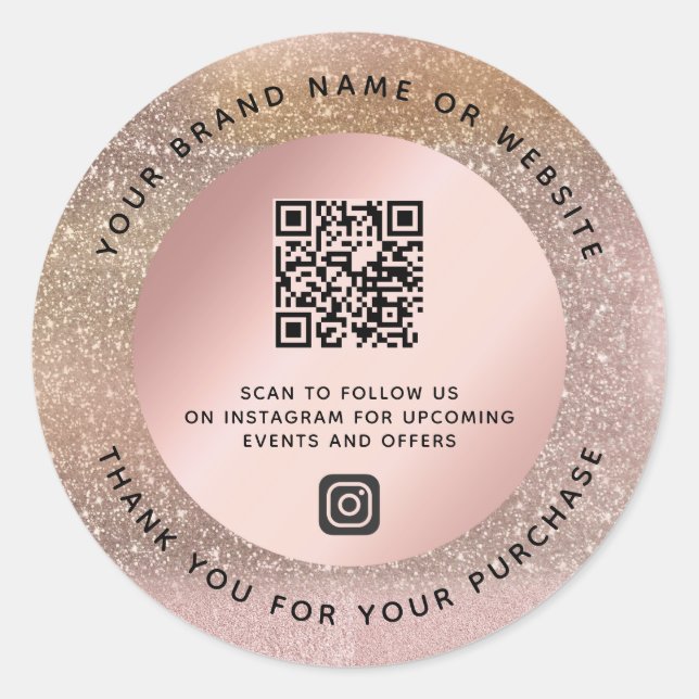 Rose Gold Pastel Glitter Thank You QR Code Classic Round Sticker (Front)