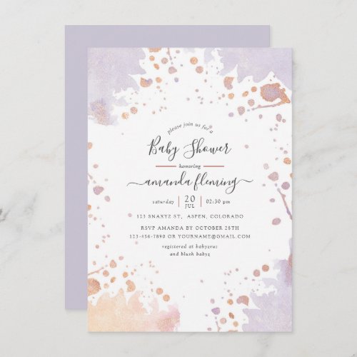 Rose Gold  Pastel Purple Paint Splash Baby Shower Invitation