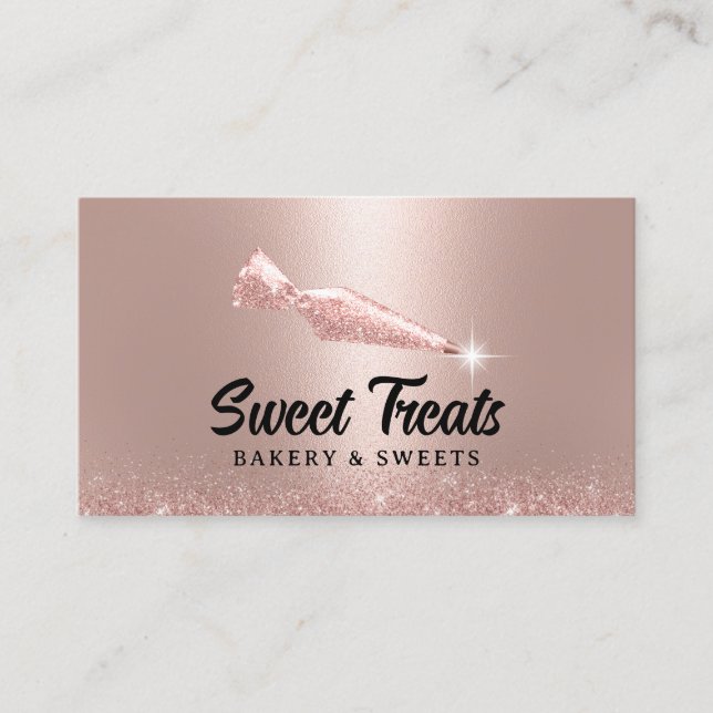 Rose Gold Pastry Piping Bag Logo Cupcake Bakery Business Card (Front)